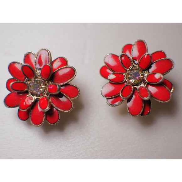 Vintage Red Flower Enamel Pierced Earrings - With Sparkle - Picture 2 of 4